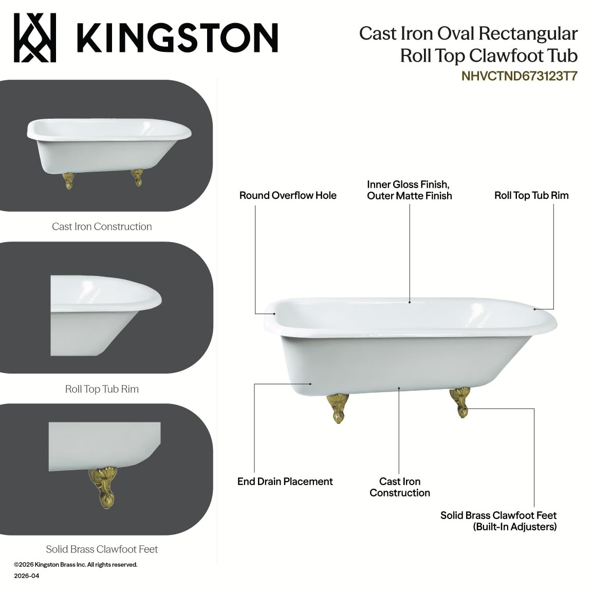 Kingston Brass NHVCTND673123T7 Aqua Eden 66-Inch Cast Iron Roll